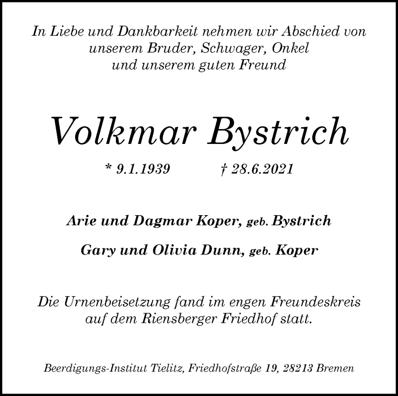 Traueranzeige von Volkmar Bystrich von WESER-KURIER