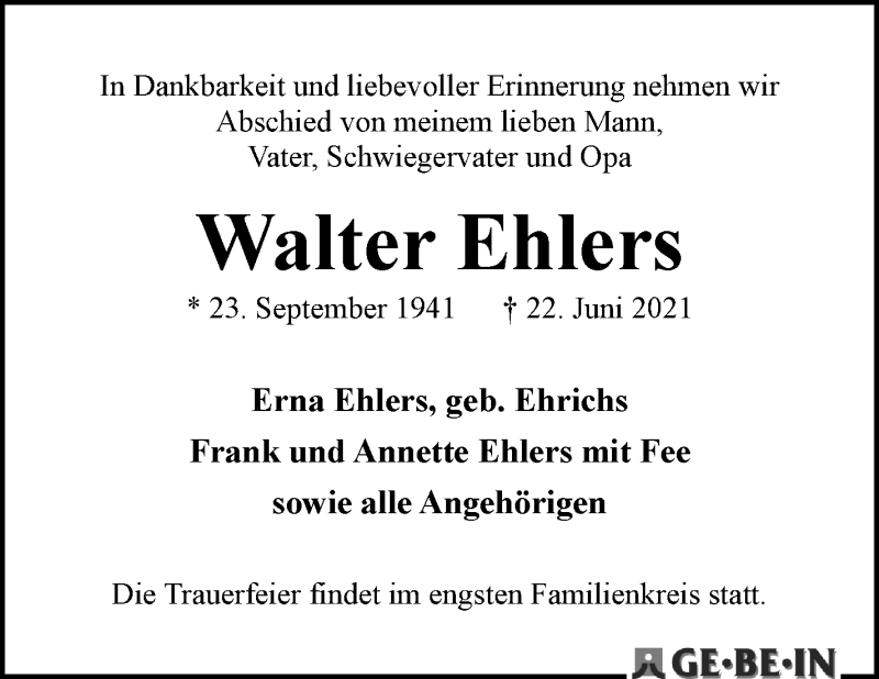 Traueranzeige von Walter Ehlers von WESER-KURIER