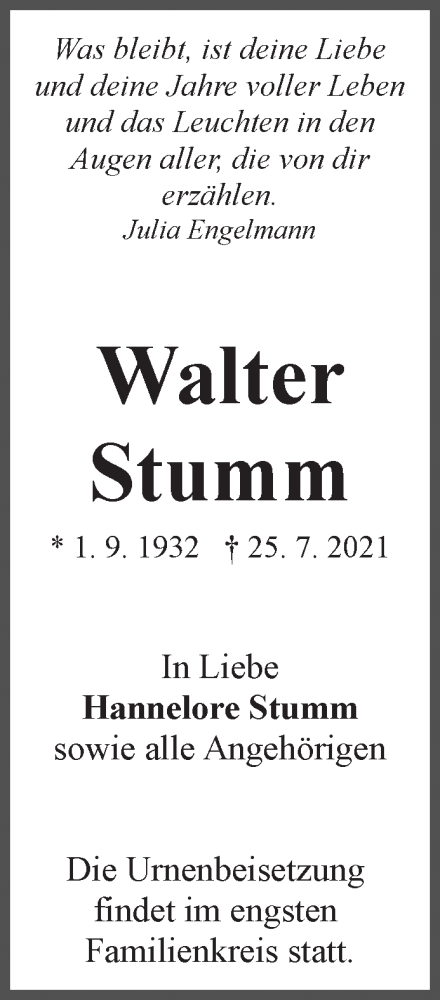 Traueranzeige von Walter Stumm von WESER-KURIER