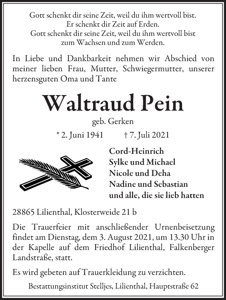 Traueranzeige von Waltraud Pein von Wuemme Zeitung