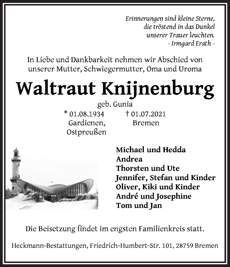 Traueranzeige von Waltraut Knijnenburg von Die Norddeutsche