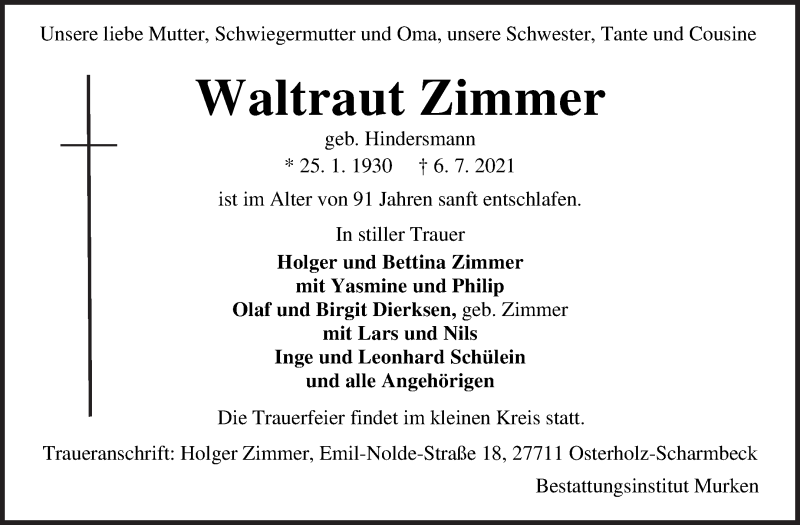 Traueranzeige von Waltraut Zimmer von Osterholzer Kreisblatt
