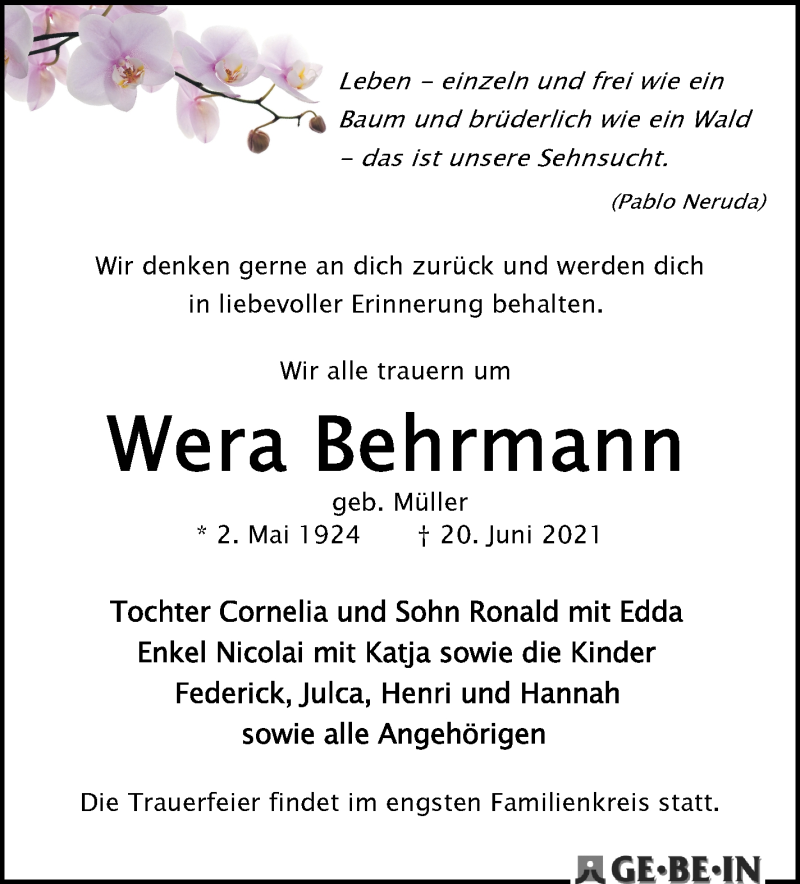 Traueranzeige von Wera Behrmann von WESER-KURIER