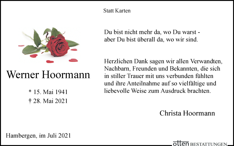 Traueranzeige von Werner Hoormann von Osterholzer Kreisblatt