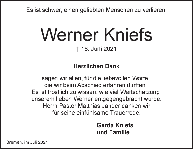 Traueranzeige von Werner Kniefs von WESER-KURIER