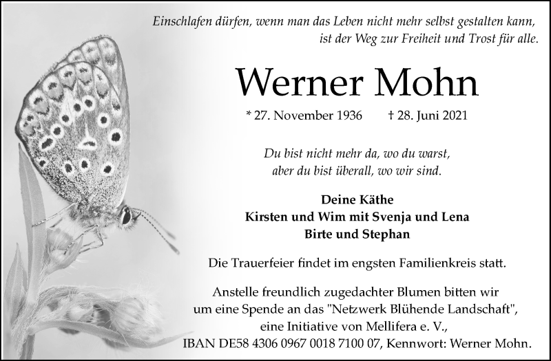 Traueranzeige von Werner Mohn von WESER-KURIER