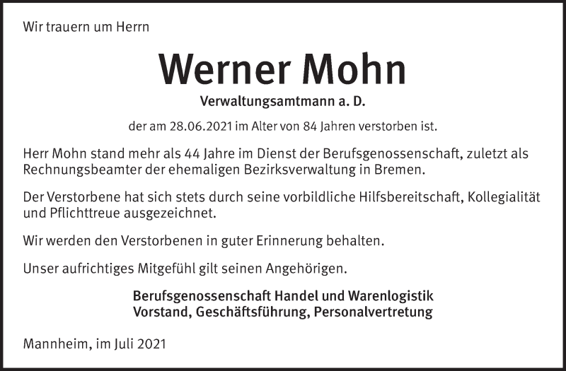 Traueranzeige von Werner Mohn von WESER-KURIER