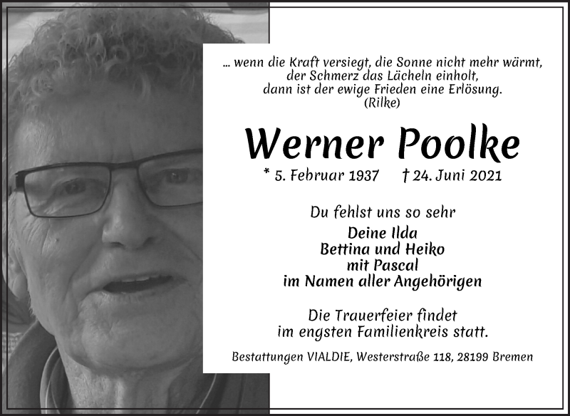 Traueranzeige von Werner Poolke von WESER-KURIER
