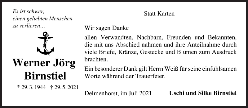 Traueranzeige von Werner Jörg Birnstiel von WESER-KURIER