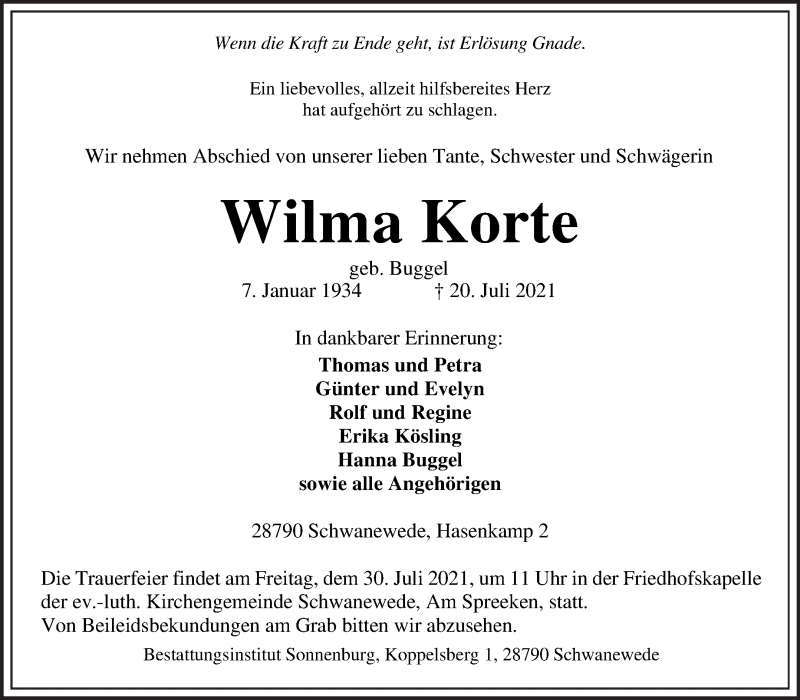 Traueranzeige von Wilma Korte von Die Norddeutsche