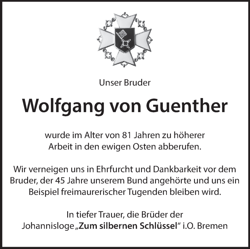 Traueranzeige von Wolfgang von Guenther von WESER-KURIER