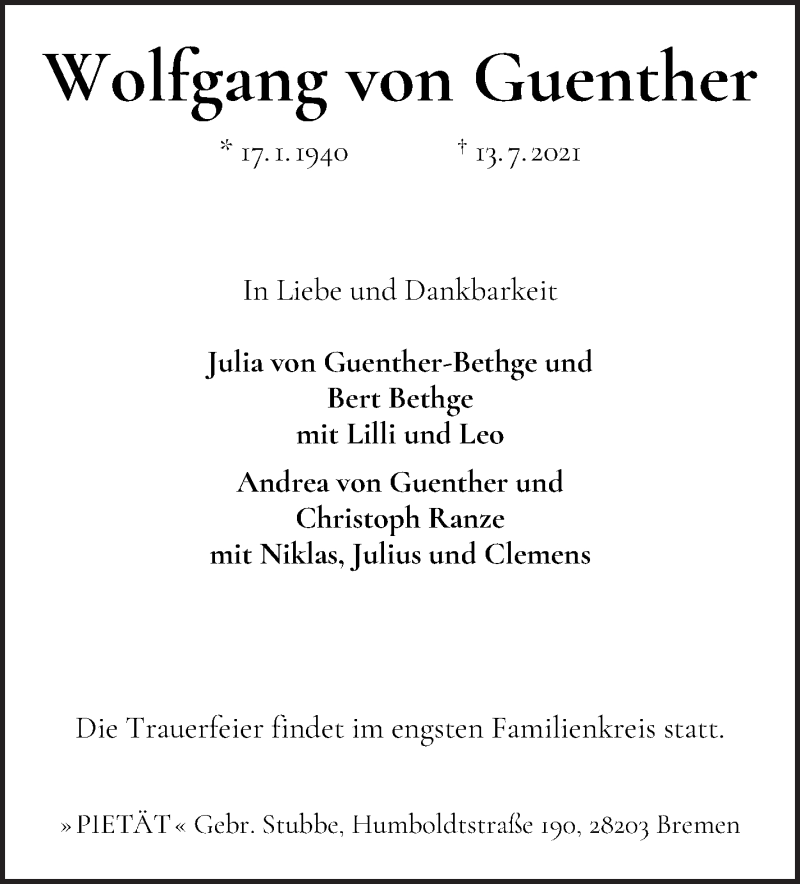 Traueranzeige von Wolfgang von Guenther von WESER-KURIER