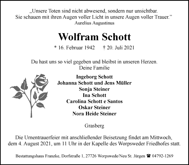 Traueranzeige von Wolfram Schott von Wuemme Zeitung
