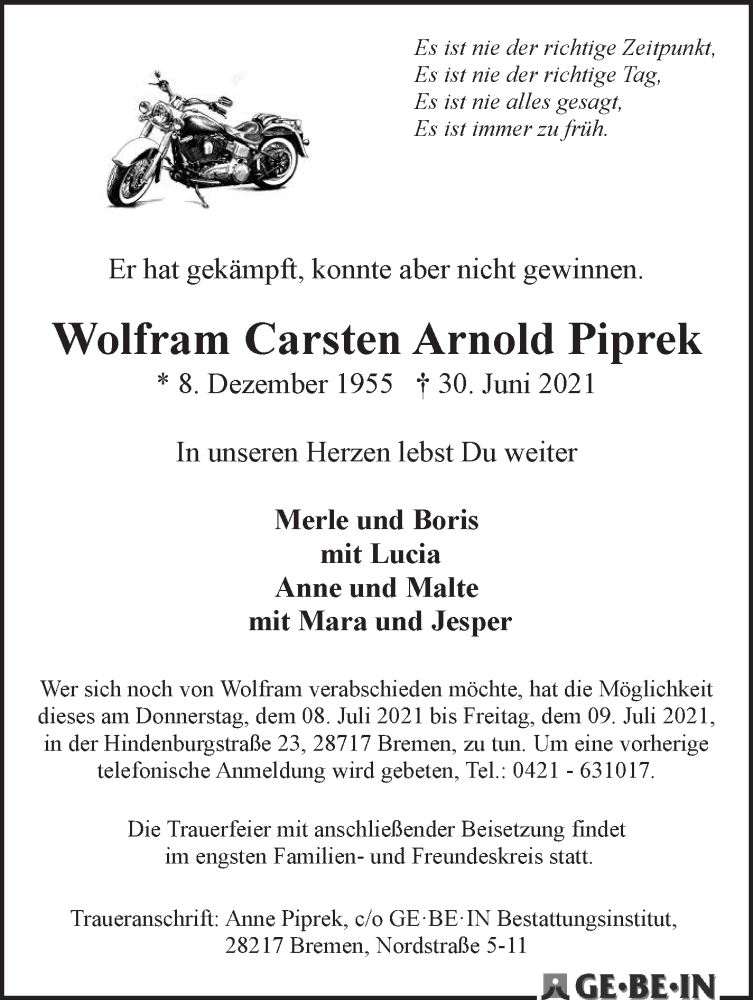 Traueranzeige von Wolfram Carsten Arnold Piprek von WESER-KURIER