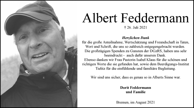 Traueranzeige von Albert Feddermann von WESER-KURIER