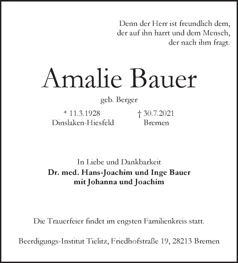 Traueranzeige von Amalie Bauer von WESER-KURIER