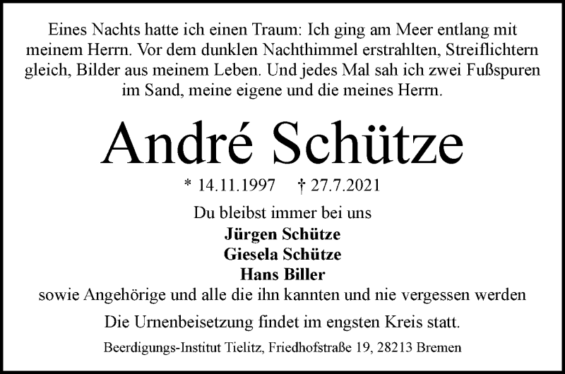 Traueranzeige von André Schütze von WESER-KURIER