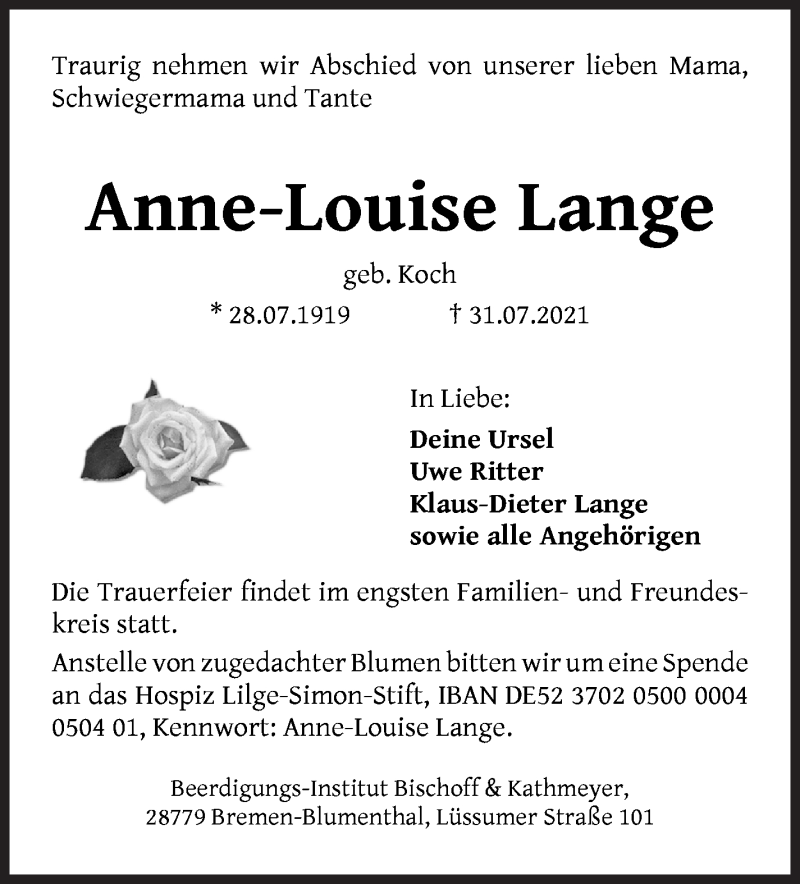 Traueranzeige von Anne-Louise Lange von Die Norddeutsche