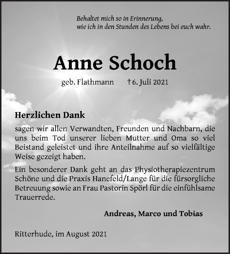 Traueranzeige von Anne Schoch von Osterholzer Kreisblatt