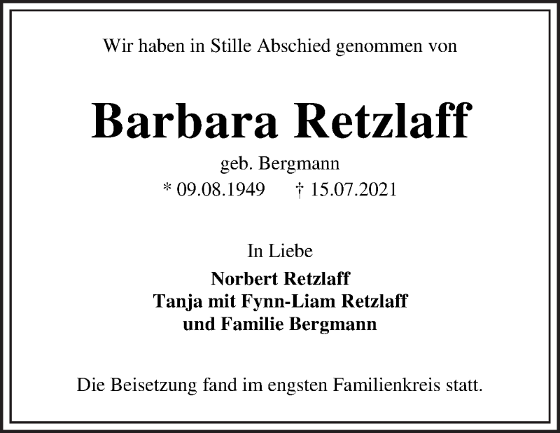 Traueranzeige von Barbara Retzlaff von WESER-KURIER