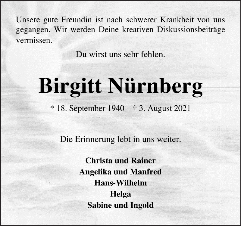 Traueranzeige von Birgitt Nürnberg von Osterholzer Kreisblatt
