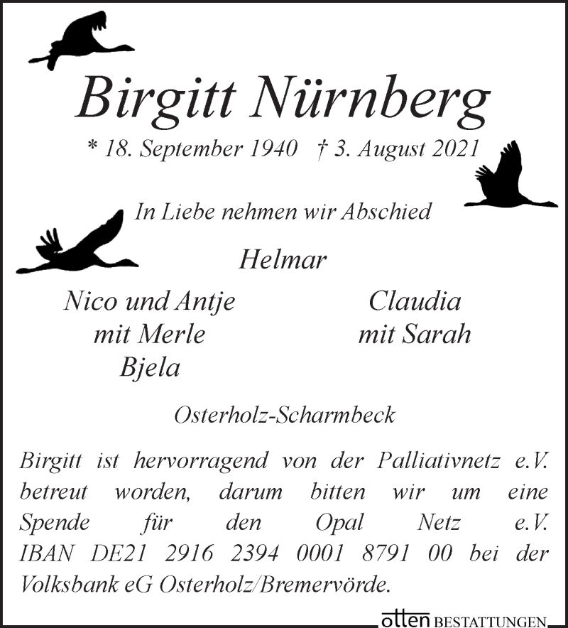Traueranzeige von Birgitt Nürnberg von Osterholzer Kreisblatt