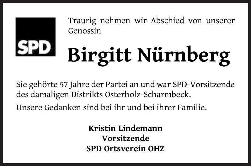 Traueranzeige von Birgitt Nürnberg von Osterholzer Kreisblatt
