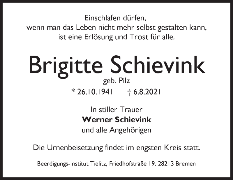 Traueranzeige von Brigitte Schievink von WESER-KURIER