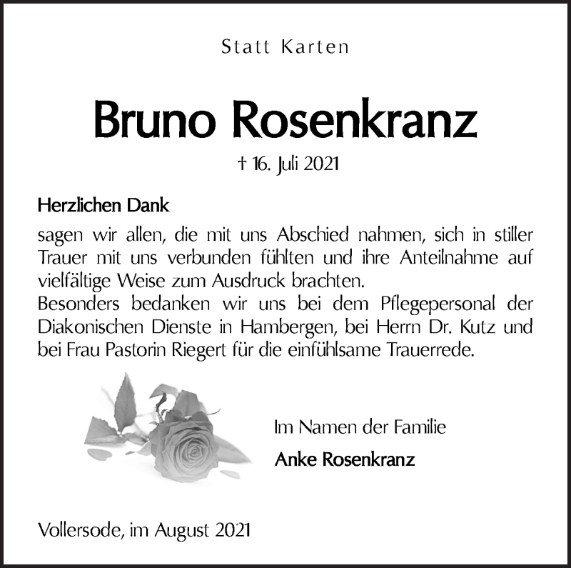 Traueranzeige von Bruno Rosenkranz von Osterholzer Kreisblatt