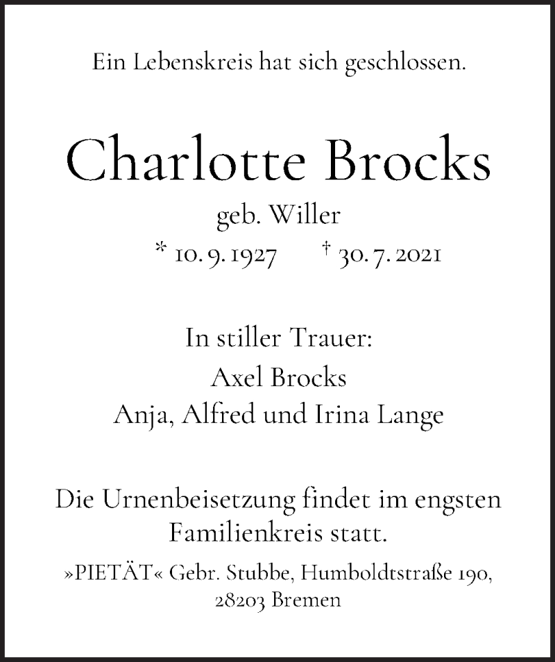 Traueranzeige von Charlotte Brocks von WESER-KURIER