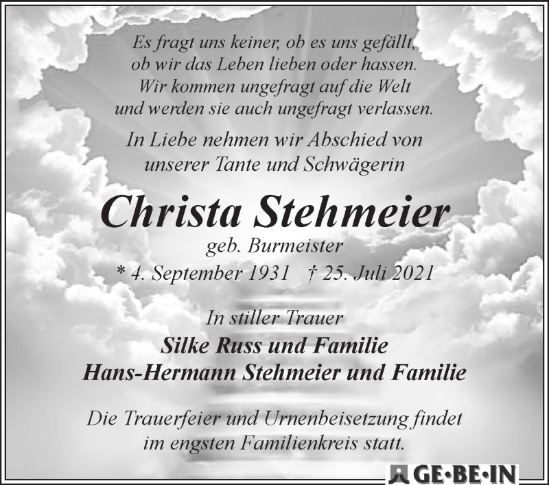 Traueranzeige von Christa Stehmeier von WESER-KURIER
