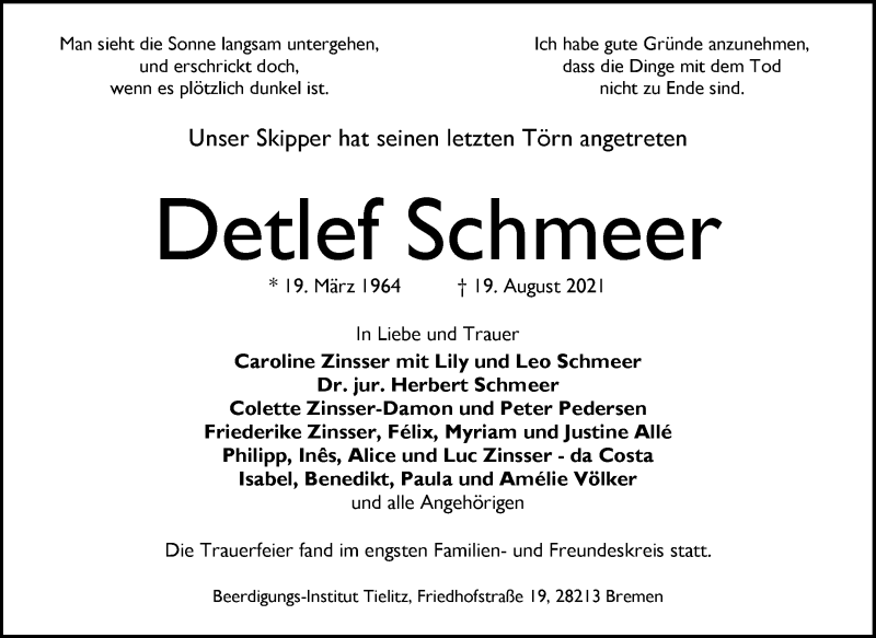 Traueranzeige von Detlef Schmeer von WESER-KURIER
