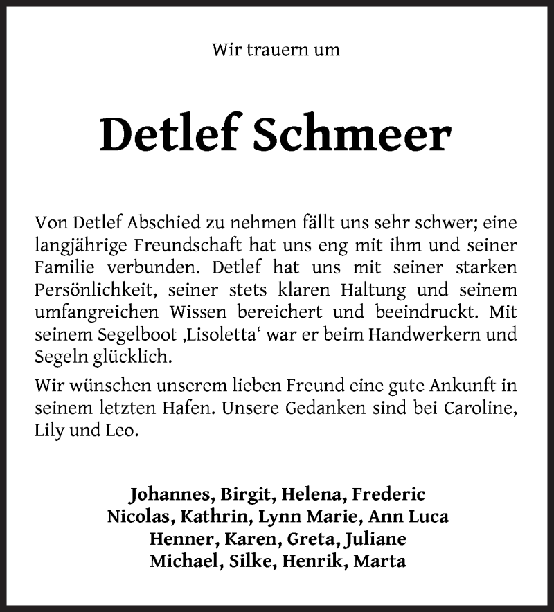 Traueranzeige von Detlef Schmeer von WESER-KURIER