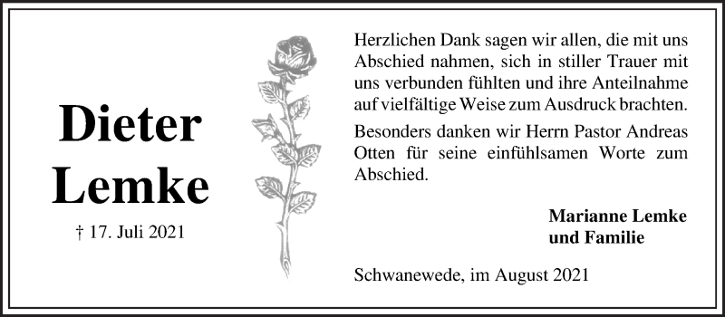 Traueranzeige von Dieter Lemke von Die Norddeutsche