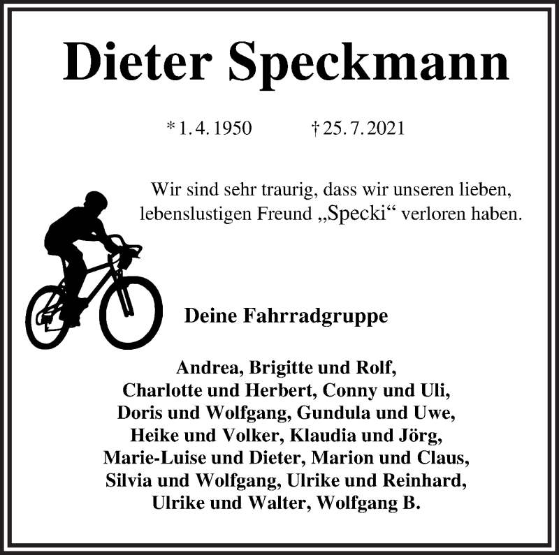 Traueranzeige von Dieter Speckmann von Die Norddeutsche