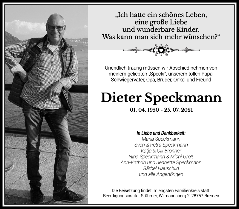 Traueranzeige von Dieter Speckmann von Die Norddeutsche