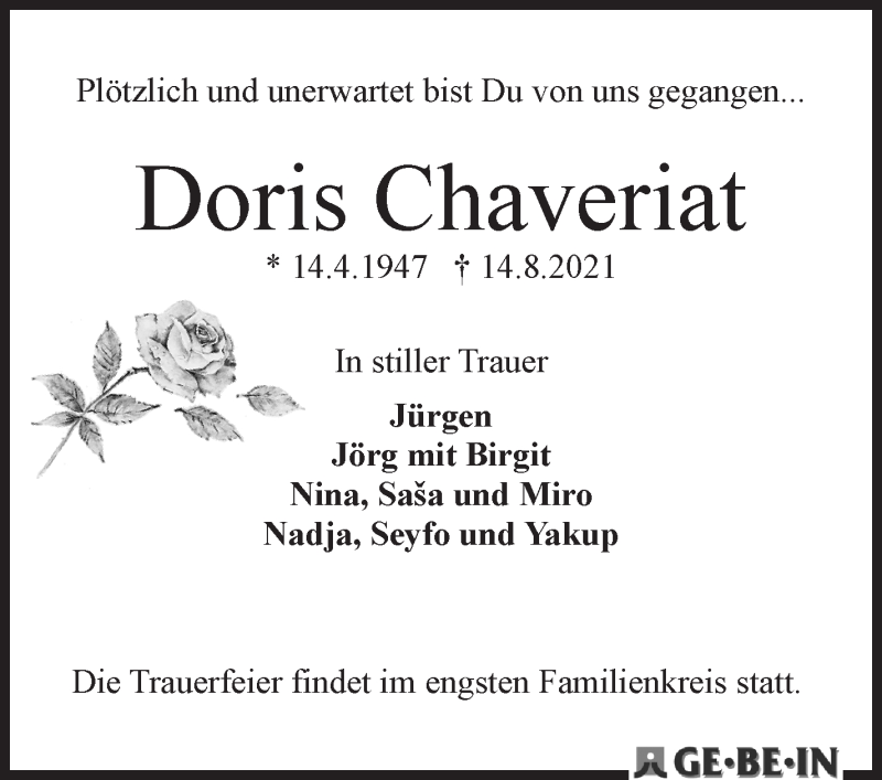 Traueranzeige von Doris Chaveriat von WESER-KURIER