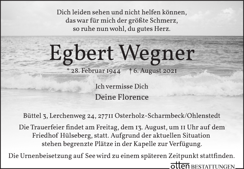 Traueranzeige von Egbert Wegner von Osterholzer Kreisblatt
