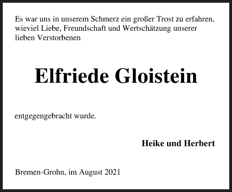 Traueranzeige von Elfriede Gloistein von Die Norddeutsche