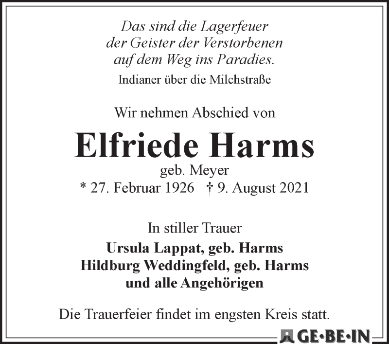 Traueranzeige von Elfriede Harms von WESER-KURIER