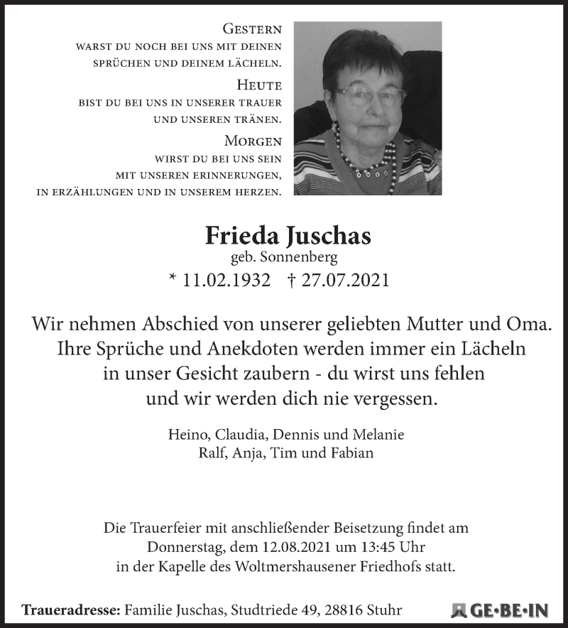 Traueranzeige von Frieda Juschas von WESER-KURIER