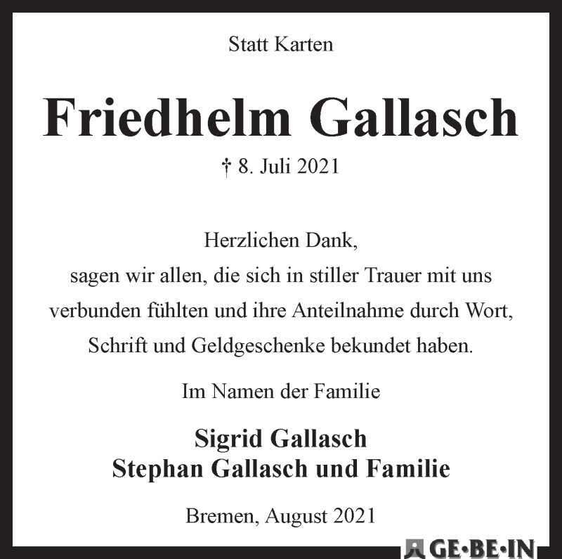 Traueranzeige von Friedhelm Gallasch von WESER-KURIER