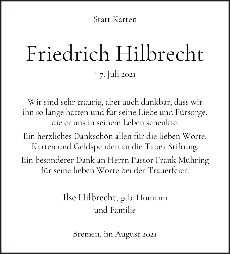 Traueranzeige von Friedrich Hilbrecht von WESER-KURIER