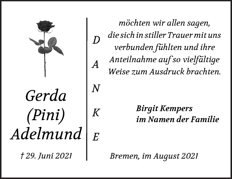 Traueranzeige von Gerda (Pini) Adelmund von Die Norddeutsche
