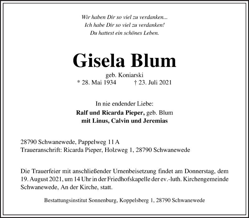 Traueranzeige von Gisela Blum von Die Norddeutsche