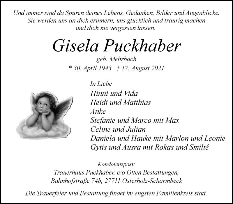 Traueranzeige von Gisela Puckhaber von Osterholzer Kreisblatt