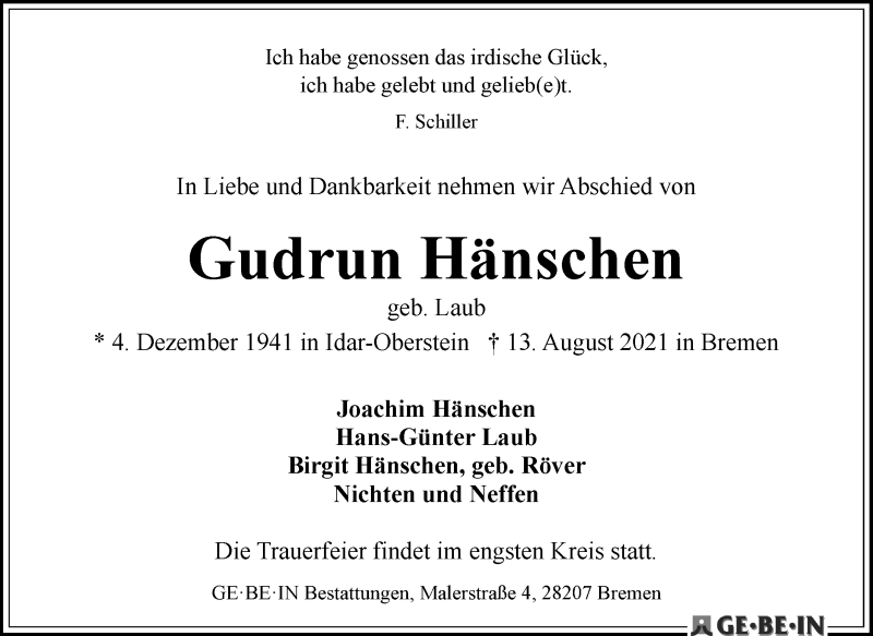 Traueranzeige von Gudrun Hänschen von WESER-KURIER