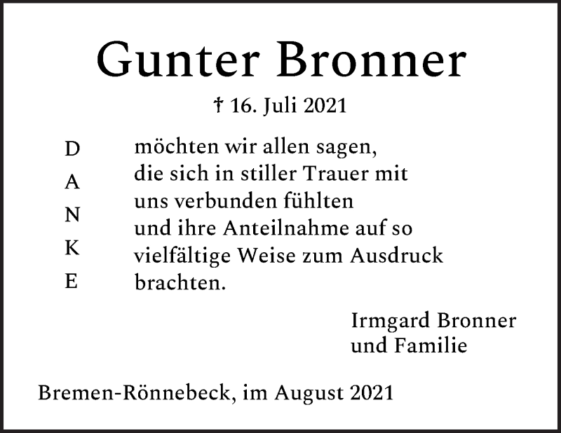 Traueranzeige von Gunter Bronner von Die Norddeutsche
