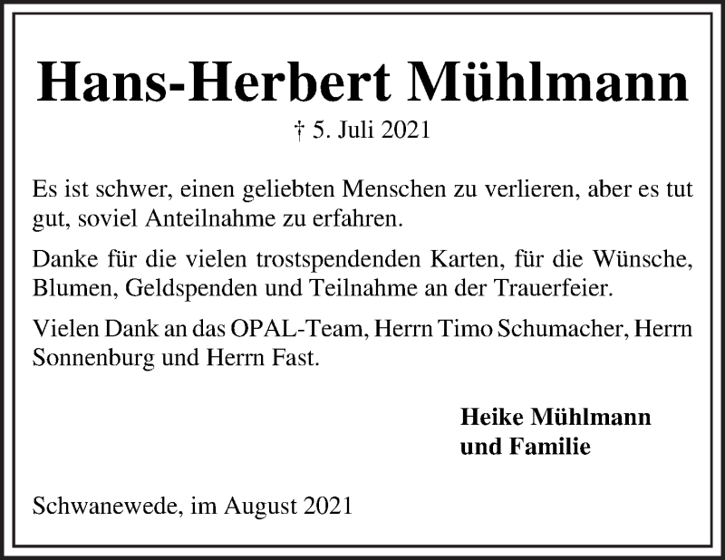 Traueranzeige von Hans-Herbert Mühlmann von Die Norddeutsche