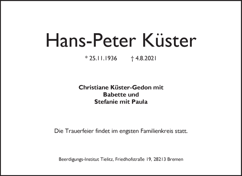 Traueranzeige von Hans-Peter Küster von WESER-KURIER